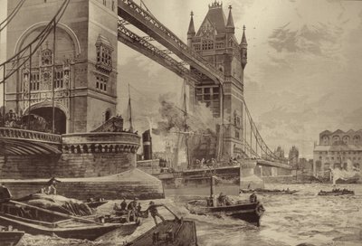 Il Tower Bridge, da erigere sul Tamigi: pietra angolare posata dal Principe di Galles lunedì scorso, da The Illustrated London News, 26 giugno 1886 da William Heysham after Overend